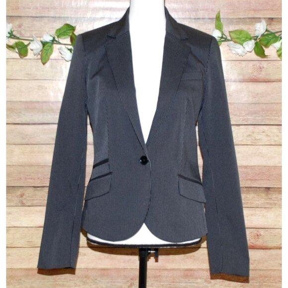 MNG By Mango Black Pinstriped Single Button Modern Blazer Jacket Size 6 Stretch - Picture 1 of 9
